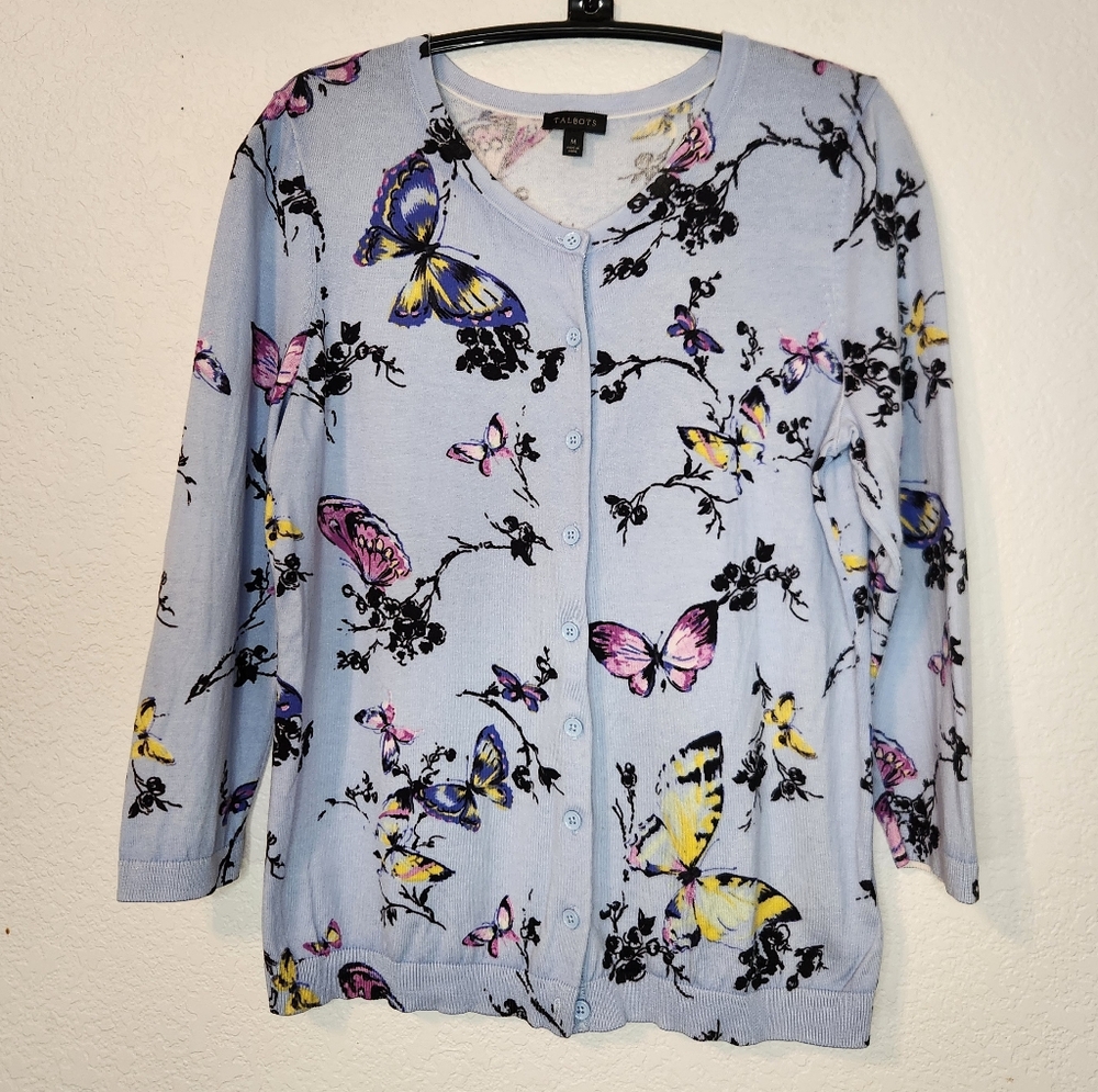 Talbots Women's‎ Light Blue Butterfly Cardigan with 3/4 Sleeves, Size M